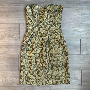 Vtg 90s Gold Metallic Brocade Strapless Mini Dress Moda International Size XS